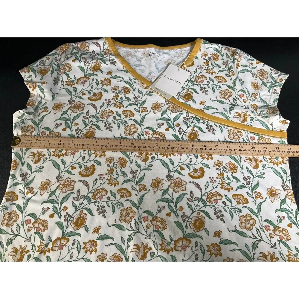 Garnet Hill Floral Wrap Neck Top Women's XL Cream Mustard‎ Yellow Organic Cotton